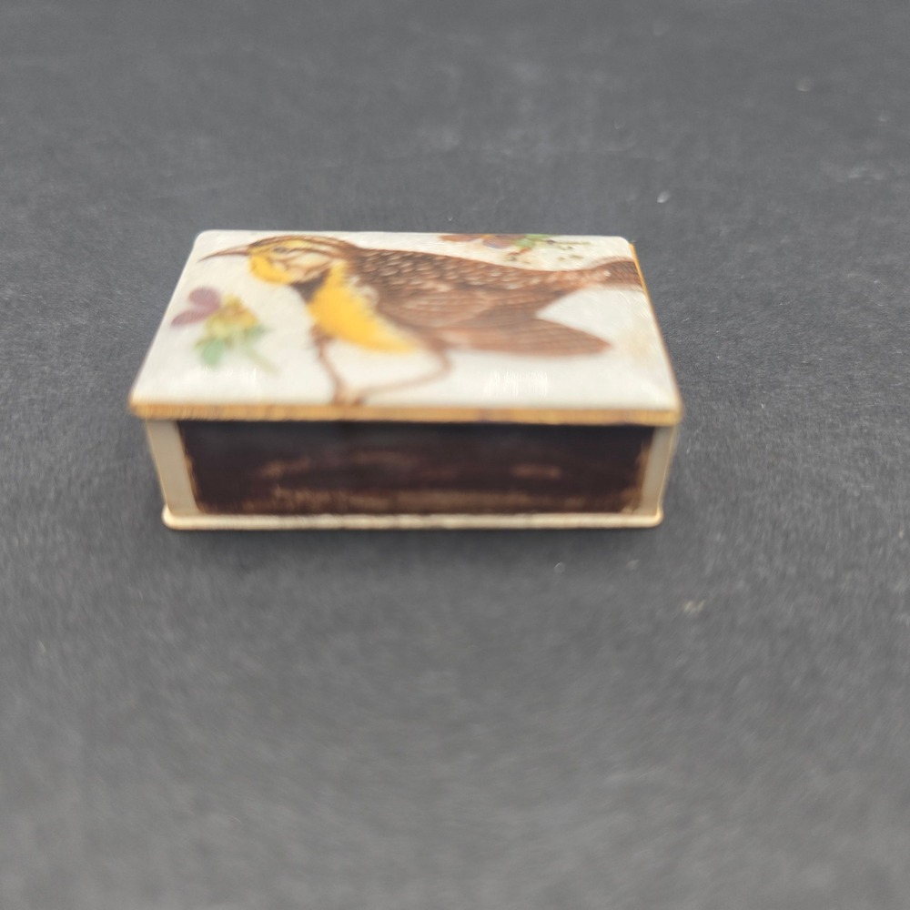 Vintage Brass Guilloche Enamel Meadowlark Bird Matchbox Cover with Matches - Picture 3 of 10